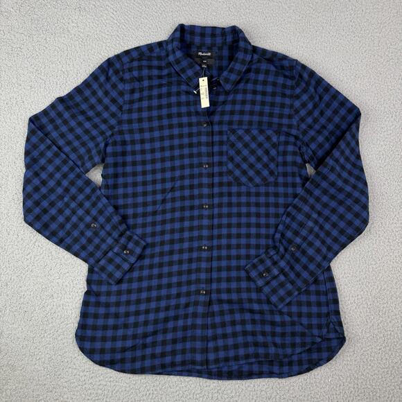 Madewell Slim Fit Long Sleeve Blue Black Plaid Flannel Button Up Shirt Women's L - Picture 1 of 11